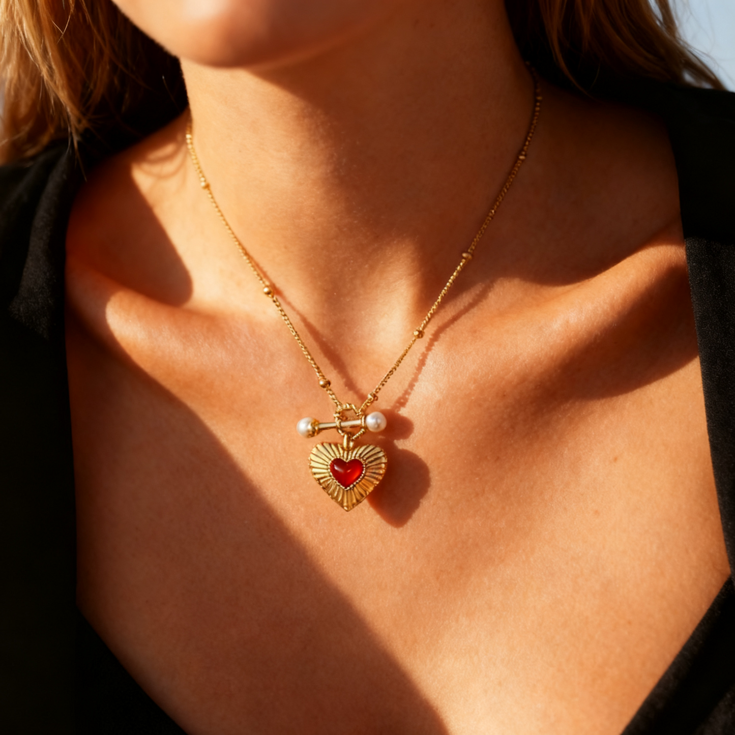 RED AGATE HEART TOGGLE NECKLACE