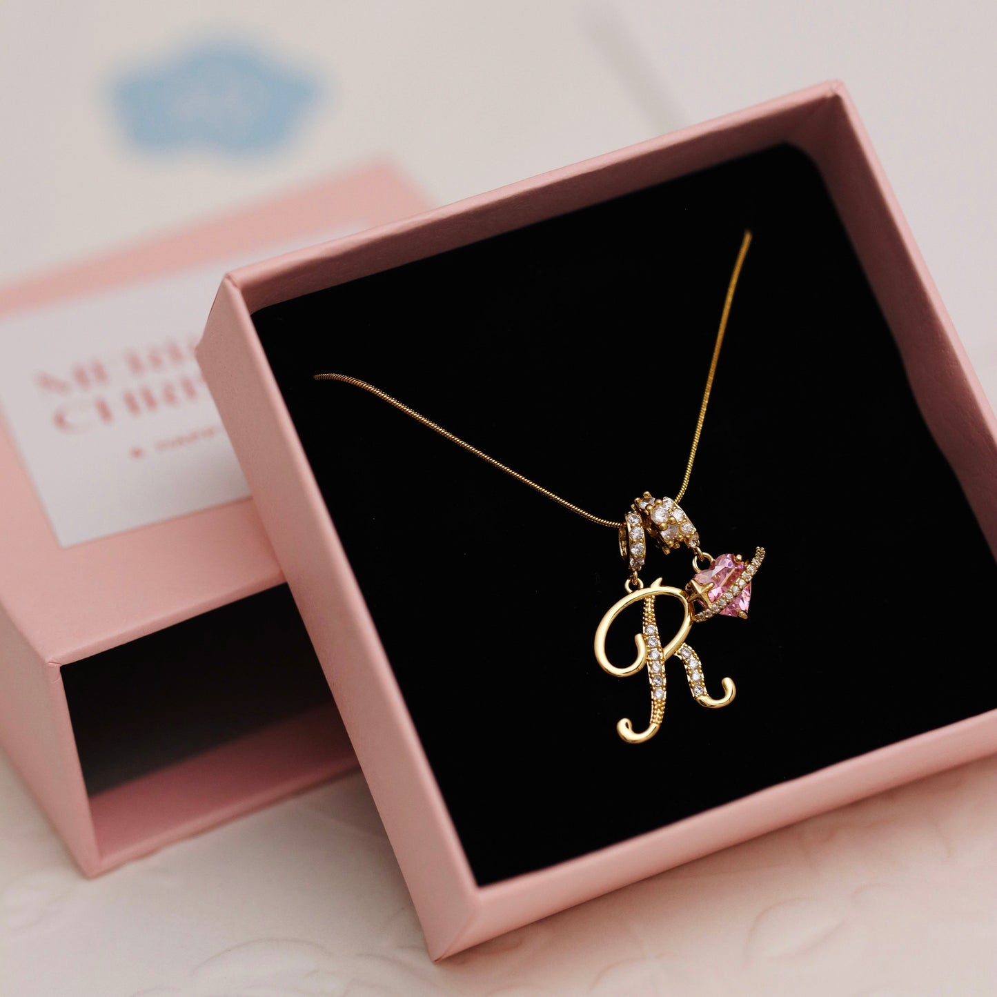 Initial Necklace — Pink Planet Charm