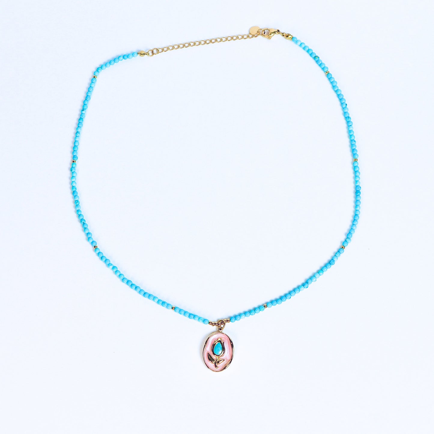 Rose Enamel Pendant Necklace with Turquoise Beads