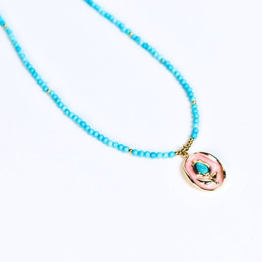 Rose Enamel Pendant Necklace with Turquoise Beads