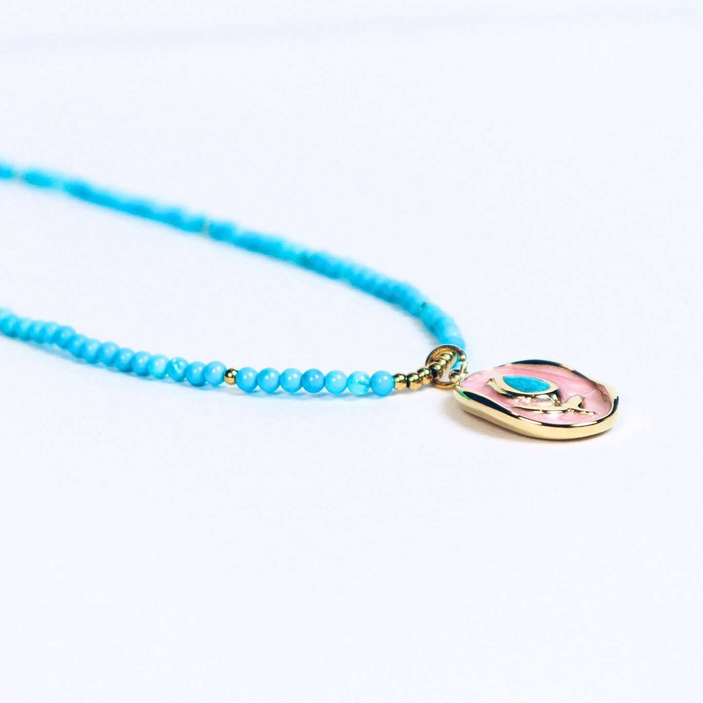 Rose Enamel Pendant Necklace with Turquoise Beads