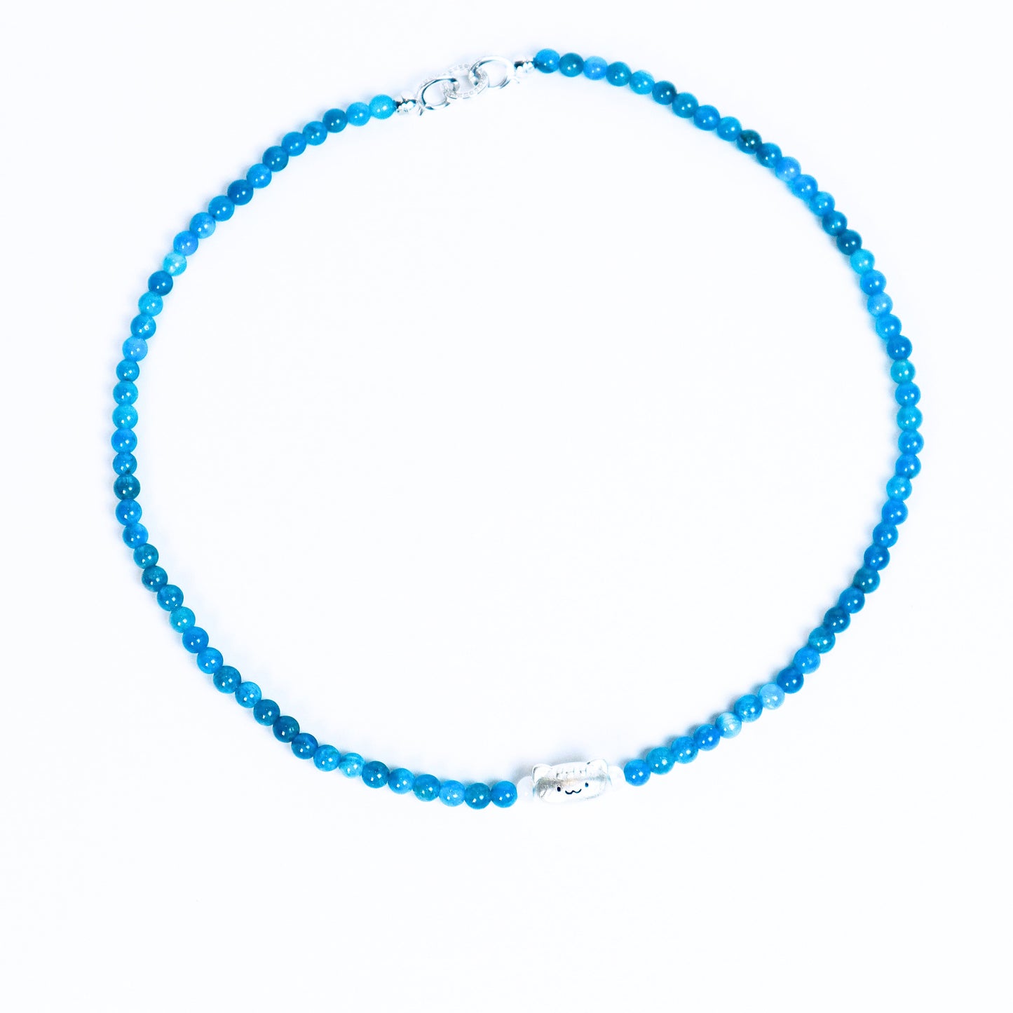 Blue Phosphorite & Horse Conch Necklace with Sterling Silver Cat Head Charm