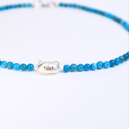 Blue Phosphorite & Horse Conch Necklace with Sterling Silver Cat Head Charm