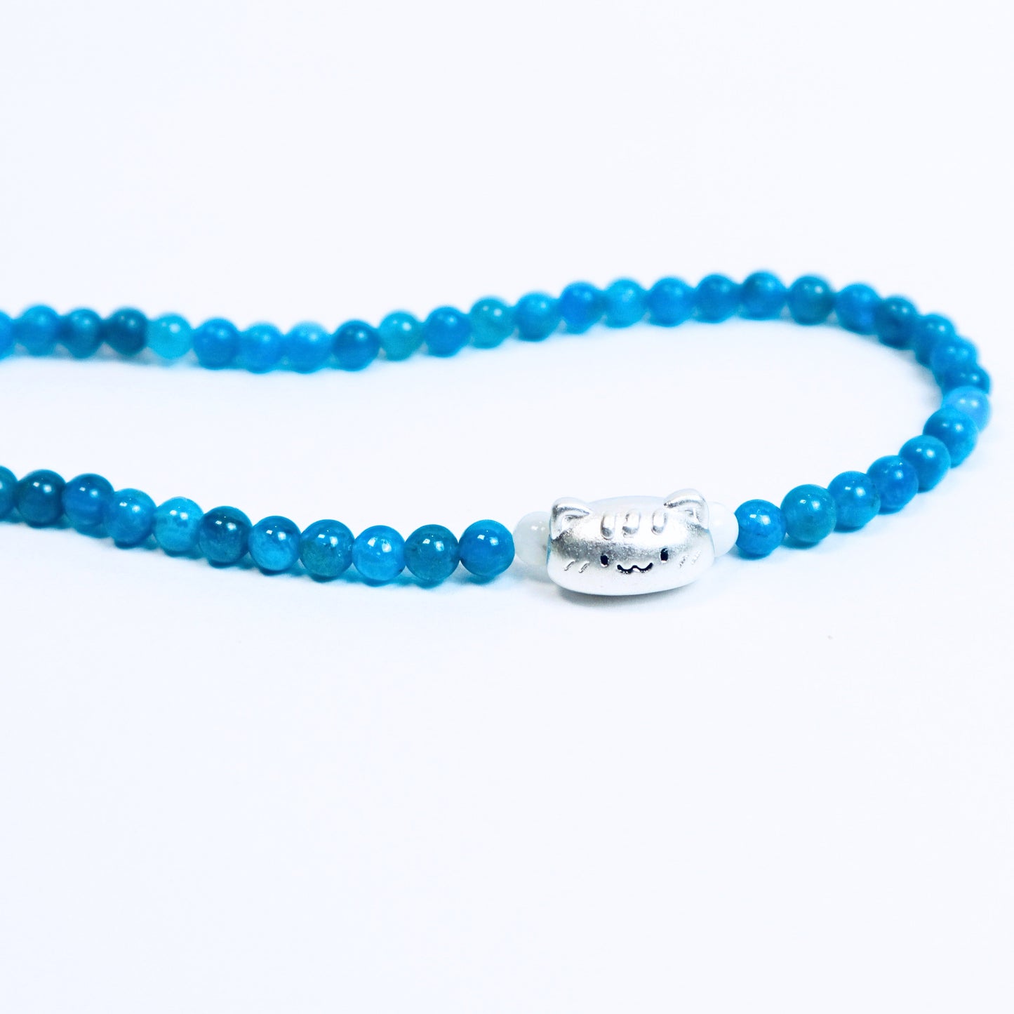 Blue Phosphorite & Horse Conch Necklace with Sterling Silver Cat Head Charm