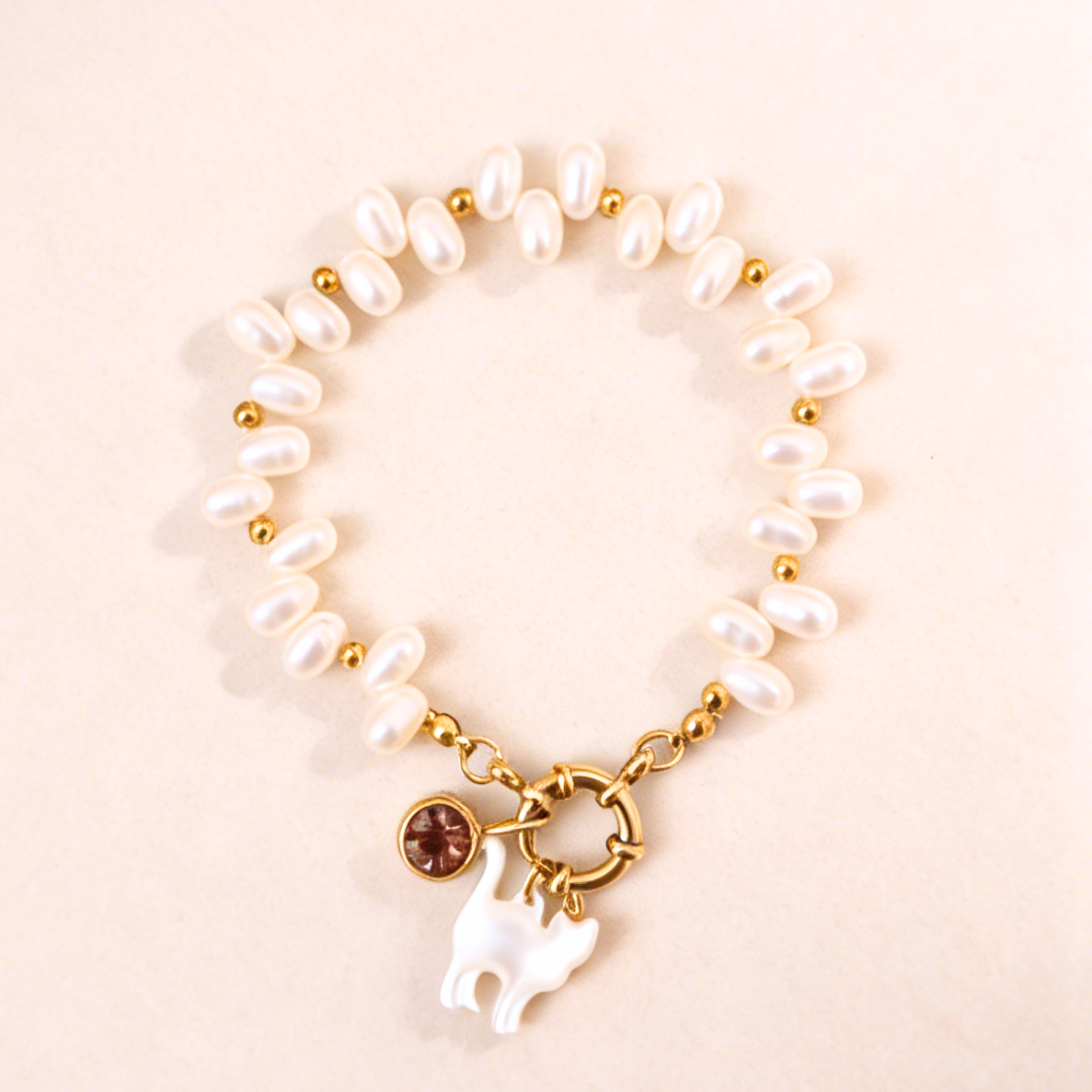 Pearl Cat Charm Bracelet